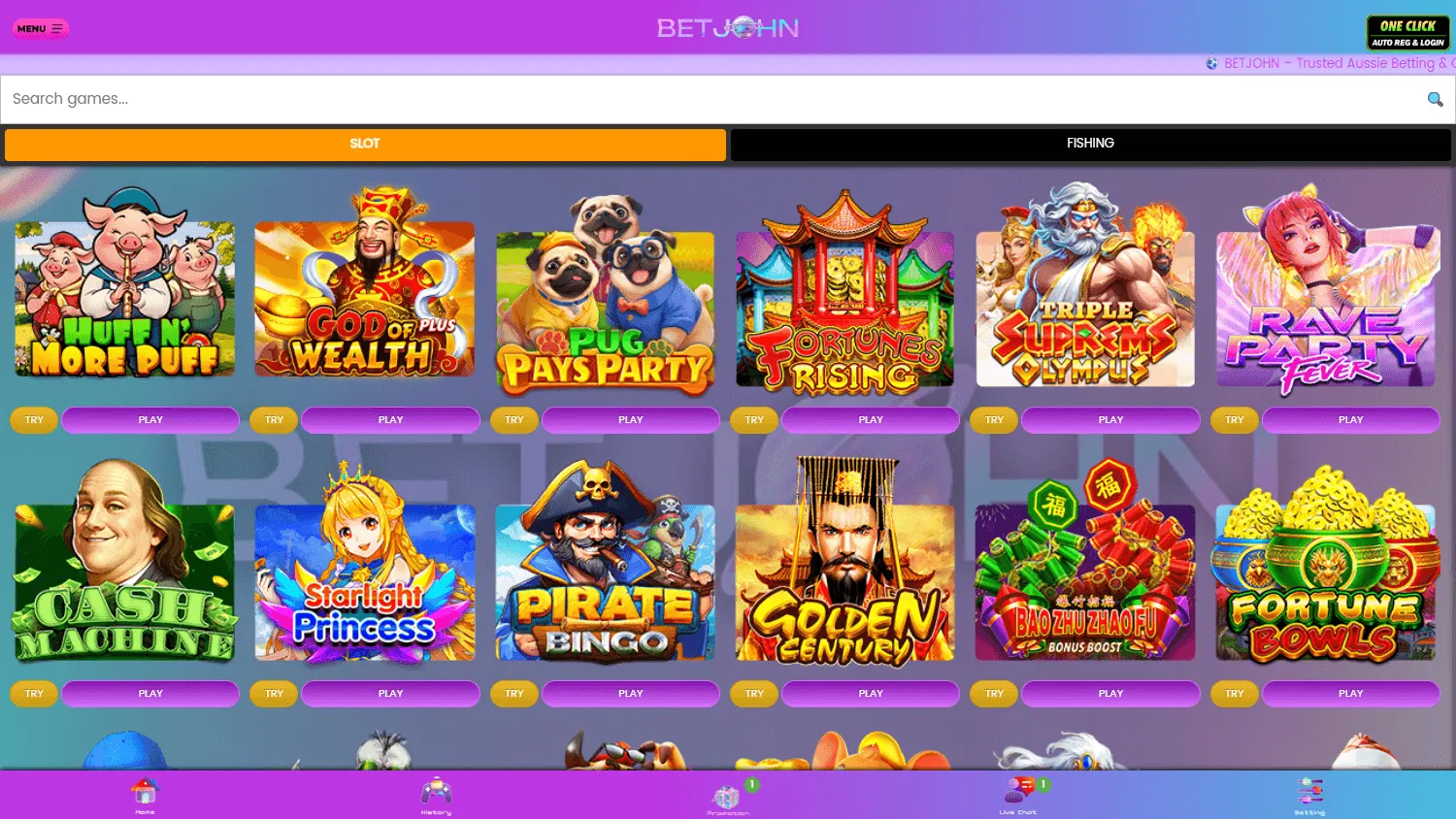 Betjohn Casino desktop games area with pokies, live casino and sports betting categories