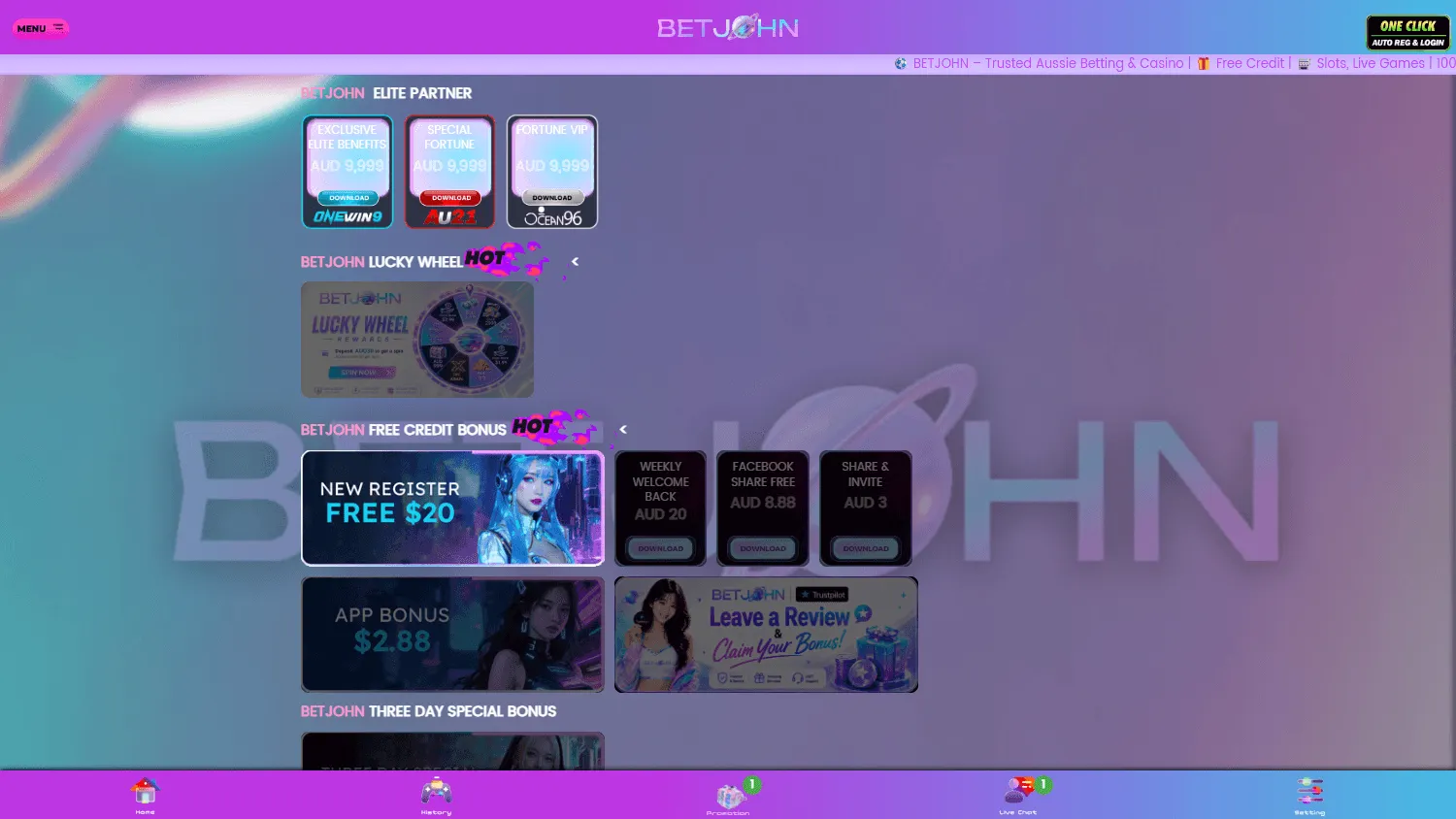 Betjohn Casino desktop promotions area with cashback, rebates and daily reward features