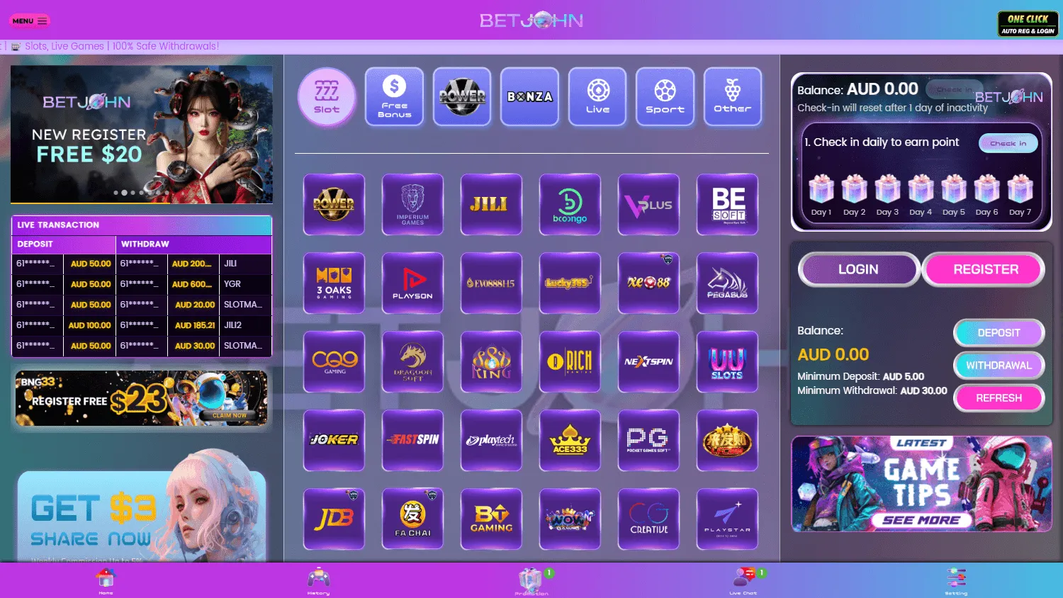 Betjohn Casino home platform on desktop with the $20 no-deposit bonus and AUD account details