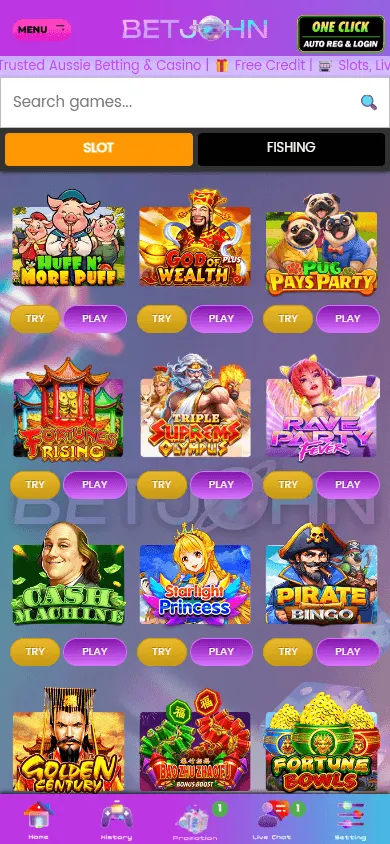 Betjohn Casino mobile games area with pokies, live casino and other game categories