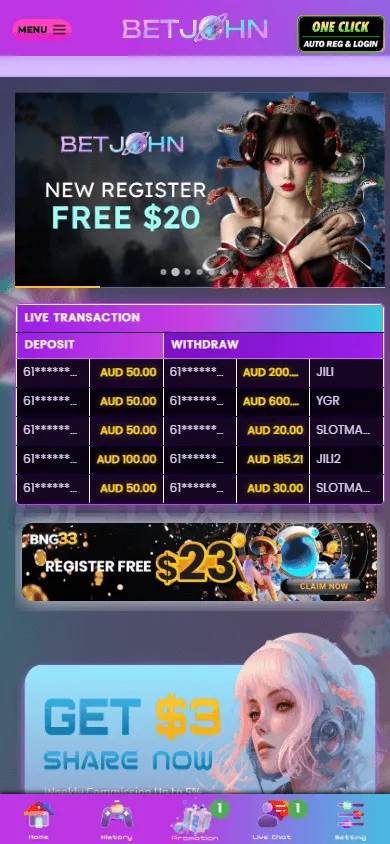 Betjohn Casino mobile platform with AUD balance and access to the main account features